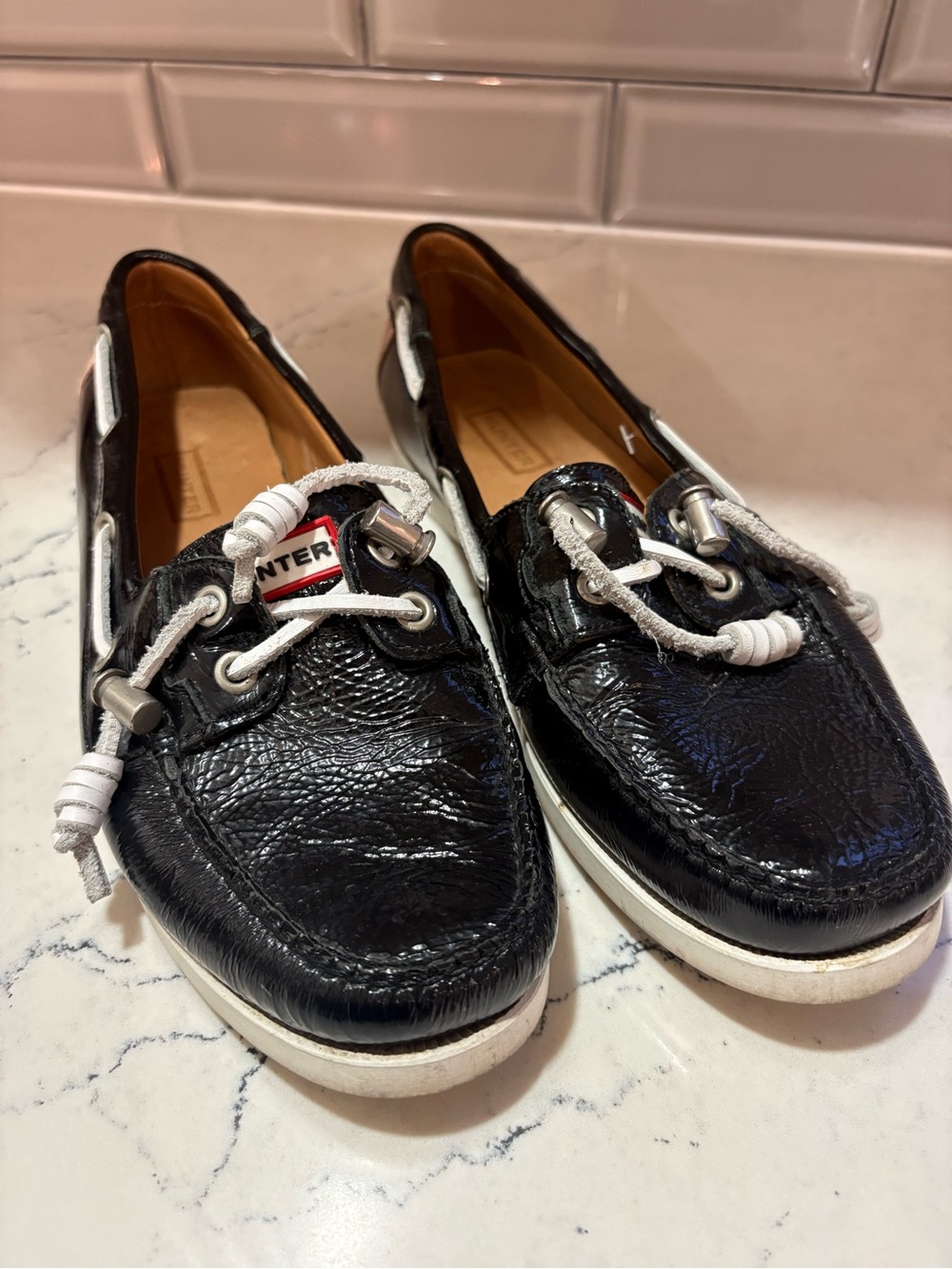 Women's Hunter Willemberg Leather Boat Deck Shoes Flats Loafers White Black 8.5